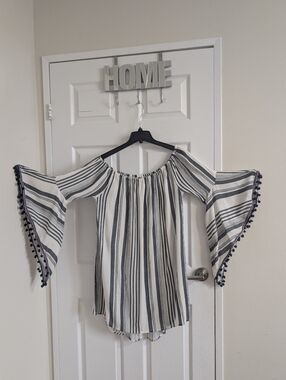 Violet Sky Boho Striped Pom Pom Tunic Top or Beach Cover Up Tassel Bell Sleeve M